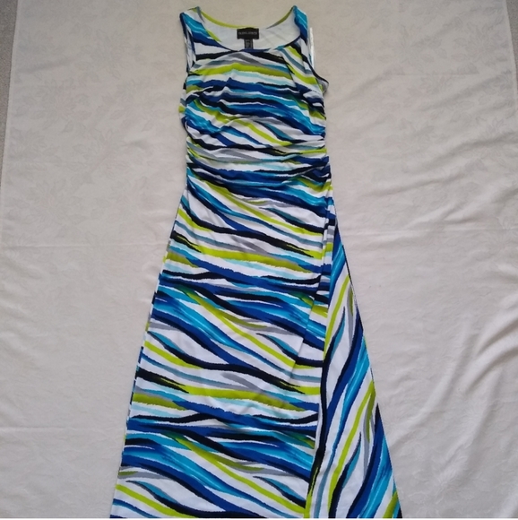 Frank Lyman jersey yellow turquoise space dye multi color ruched maxi column